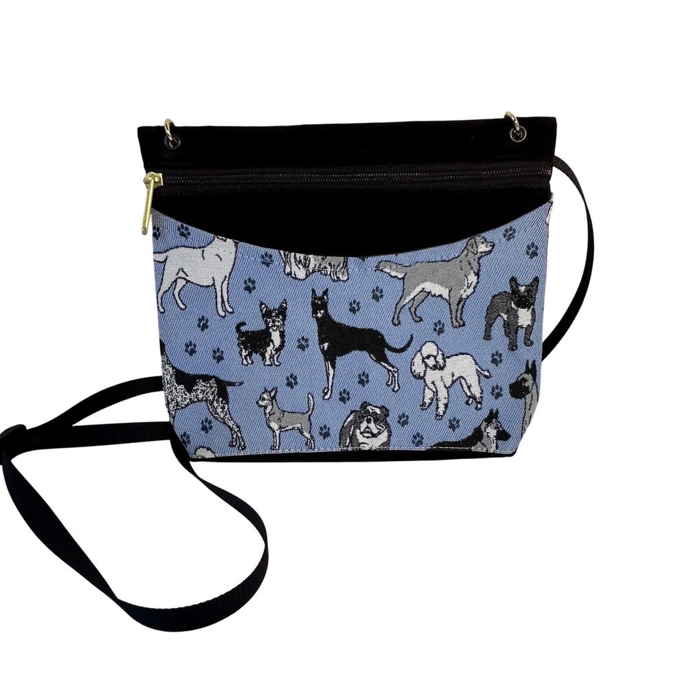 Danny K Dog Print Crossbody Bag Blue‎ Black Adjustable Strap Zipper Pockets